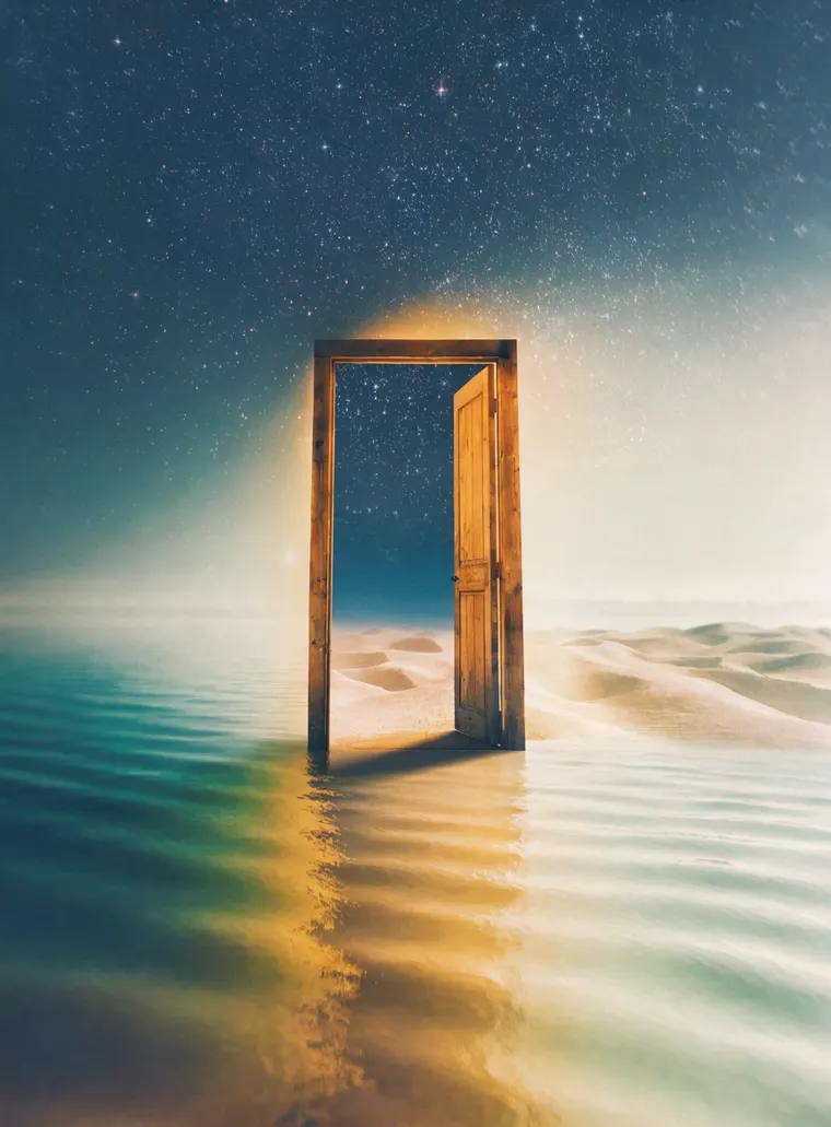 Illusion : une porte ouverte sur la mer et un ciel étoilé